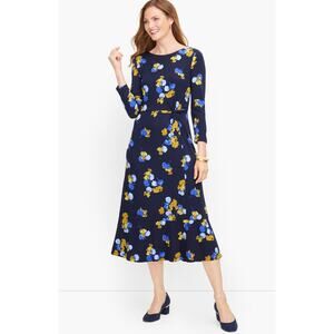 Talbots Women's Jersey Twist Midi Dress Blue Floral 3/4 Sleeves 6P